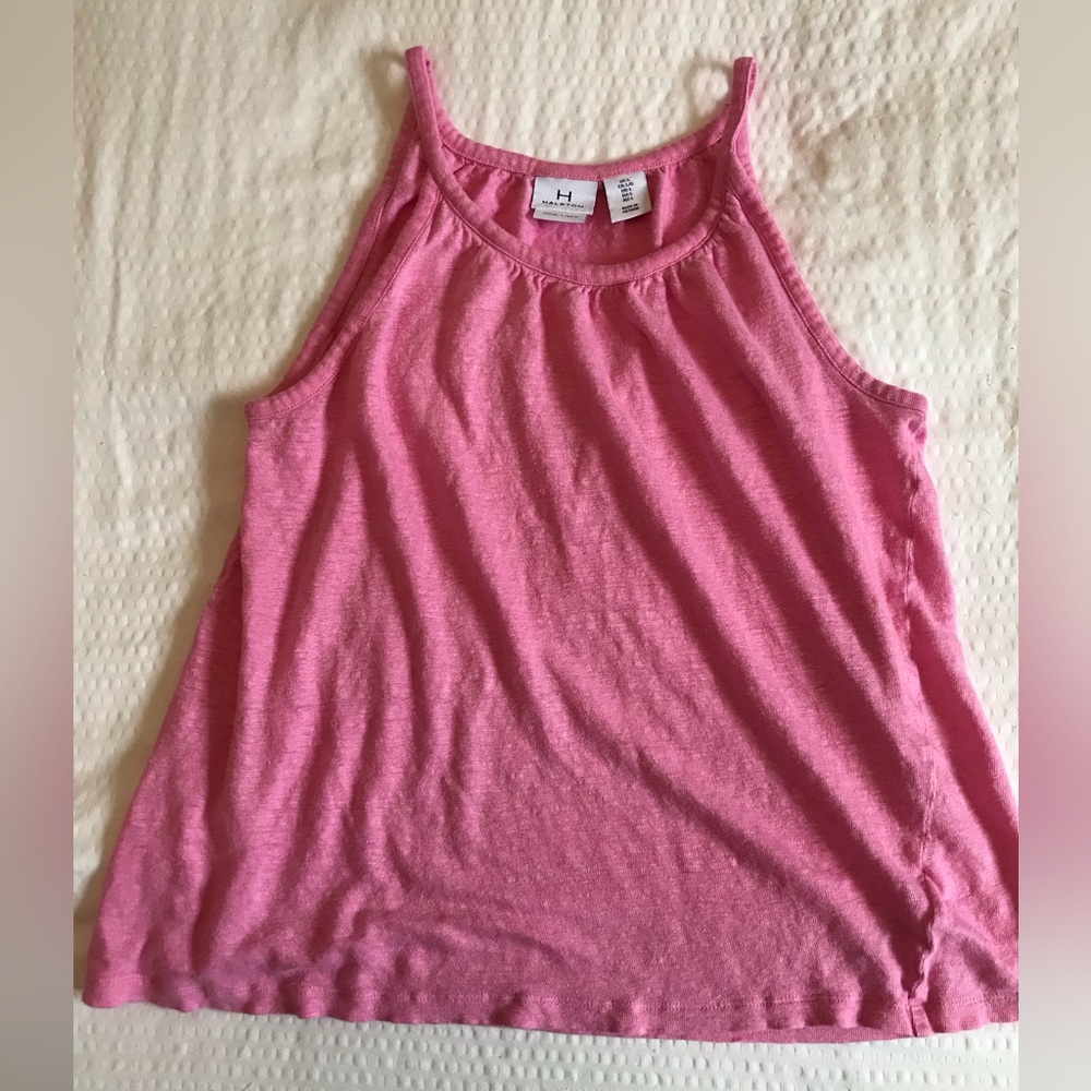 100% Linen Halston Halter Tank Top Large Baby Pink Basic Bright Loose Fit Drapey